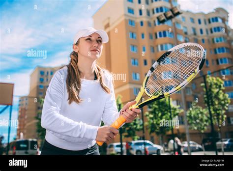 Tennis Player Woman Holding Tennis Racket Stock Photo Alamy
