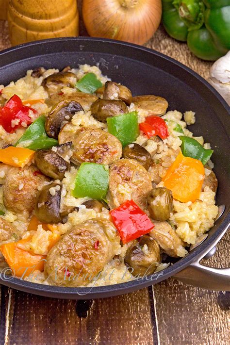 I've doubled and even tripled the recipe for large to huge groups. Sausage and Peppers with Cheesy Rice - The Midnight Baker