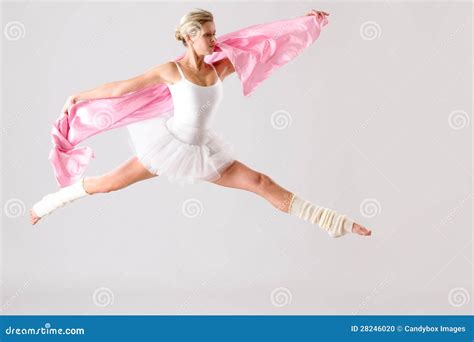 Lovely Ballet Dancer Jumping Exercising In Studio Stock Photo Image
