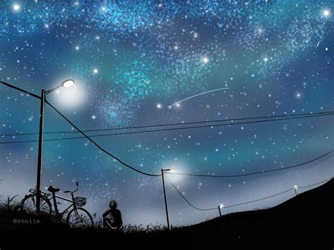 Anime Boy Sitting Alone Watching Stars Dan Northern Lights S