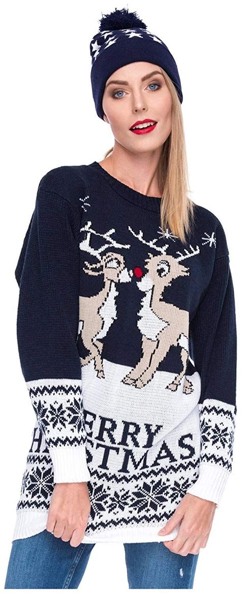 Loomiloo Damen Sweater Sweatshirt Pullover Merry Christmas Rentier Weihnachten Pulli