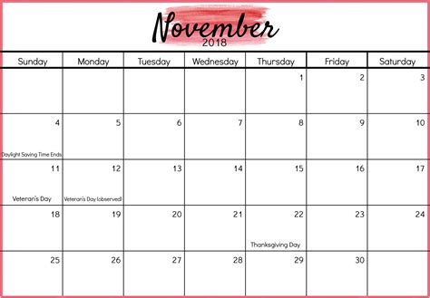 20 November Calendar 2018 Printable Free Download Printable Calendar