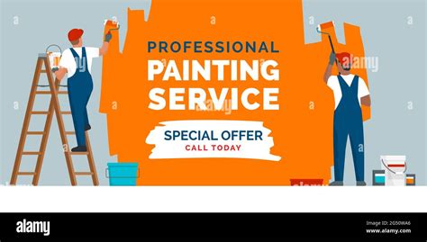 Professional Painters Painting A Wall And Promotional Offer Text Stock