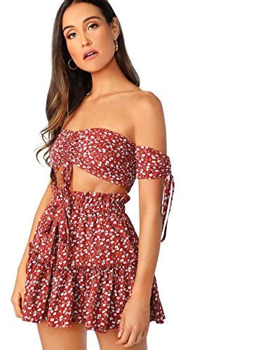 Floerns Women S Two Piece Outfit Floral Off Shoulder Drawstring Crop