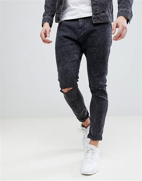 Bershka Super Skinny Jeans With Ripped Knees In Black Wash Asos