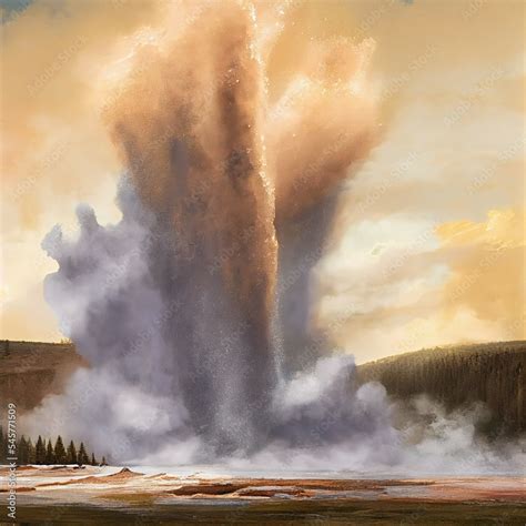 Yellowstone Old Faithful Geyser Explosion Eruption Volcano Artist Depiction Of Initial Signs Of