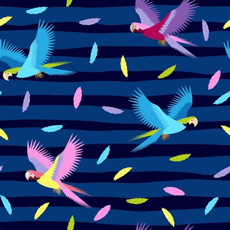 Seamless Tropical Pattern With Colorful Parrots And Feathers On Striped