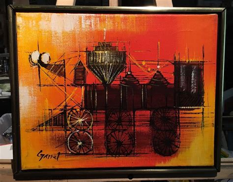 The abstraction, simplicity and striking colors like teal and mustard yellow were a refreshing take on. Vintage Mid Century Painting Abstract Train Terrific ...