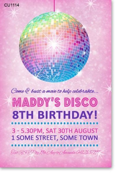 Cu1114 Girls Disco Party Birthday Invitation Disco Birthday Party