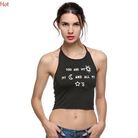 2017 Hot Summer Sexy T Shirt Women Ladies Sleeveless Blackless Crop Tops Letters Print Halter