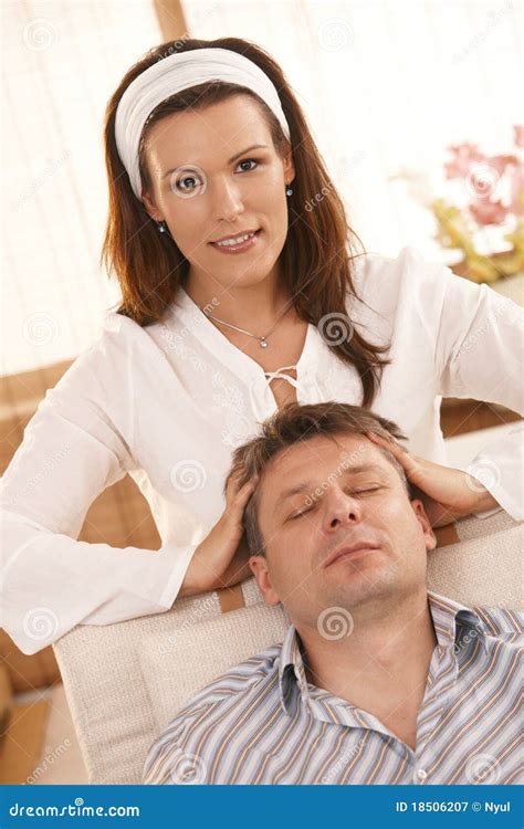 Attractive Woman Giving Head Massage To Man Stock Image Image Of Cosy
