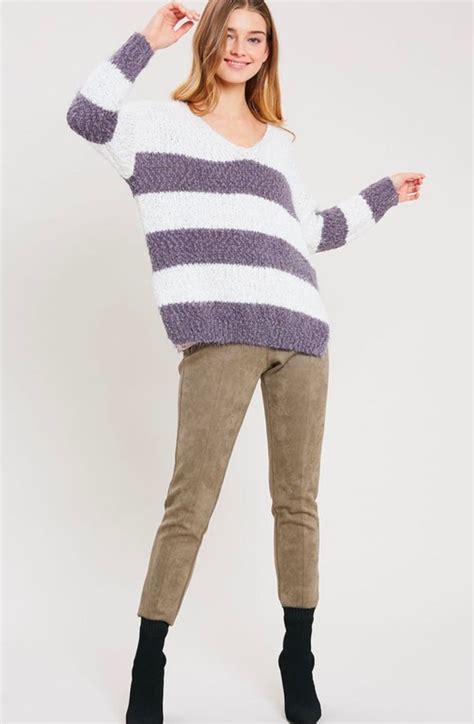 Girls Like Me Striped Fuzzy Knit Sweater With Side Slit In Purple Grey Shop Hearts