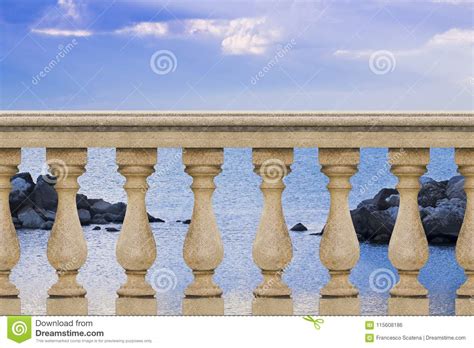Detail Of A Concrete Italian Balustrade Against A Calm Sea Con Stock