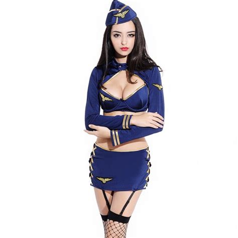 Blau Stewardess Cosplay Uniformen Sexy Frau Diener Kellnerin Kostüm