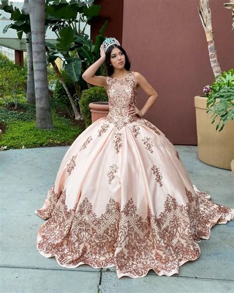 Rose Gold Quinceanera Dresses With Seuqins Applqiues Jewel Neck Sleevel Vestidos De