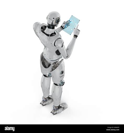 3d Rendering Humanoid Robot Working With Digital Tablet Stock Photo Alamy
