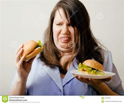 Fat White Woman Having Choice Between Hamburger Stock Image Image Of Addiction Gourmet 63033487