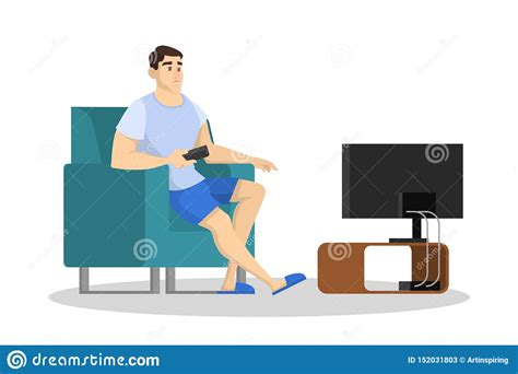 Man Sitting On The Couch And Watch Tv Guy Spend Time Stock Vector