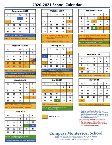 20202021 School Calendar Compass Montessori School Of Federal Way