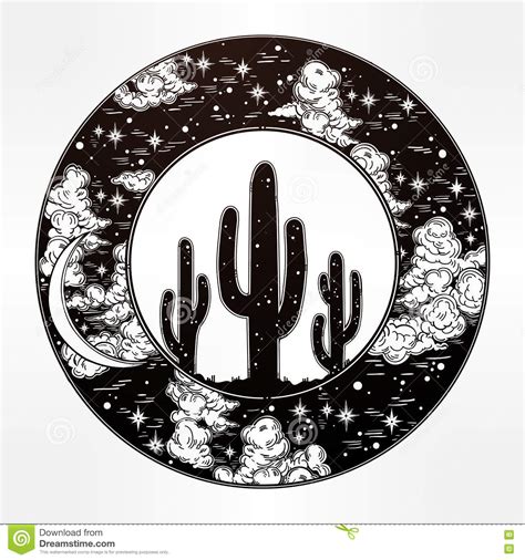 Round Drawing Of A Night Sky Cactus Silhouette Stock Vector