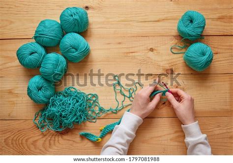 Knitting Hand Crochet Female Hand Knit Stock Photo 1797081988