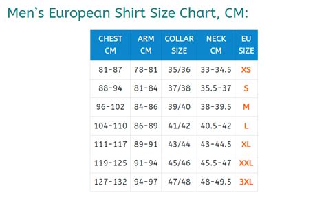 European Shirt Size Chart And Conversion The International