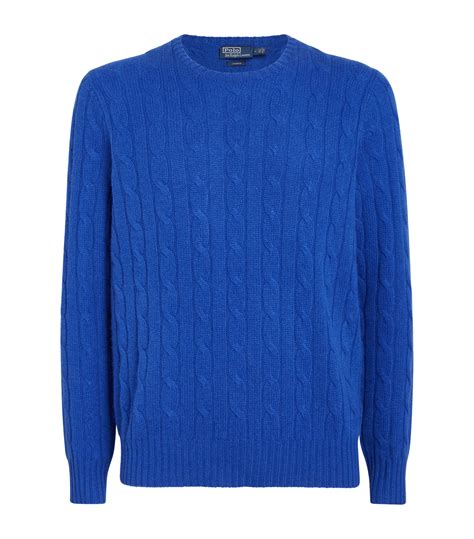 Mens Polo Ralph Lauren Blue Cashmere Cable Knit Sweater Harrods Uk