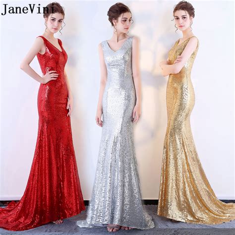 Janevini 2018 Shiny Sequins Gold Bridesmaid Dresses Long Mermaid V Neck