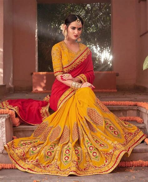 Ravishing Golden Yellow And Red Saree Fashion Fashion Syles Funky