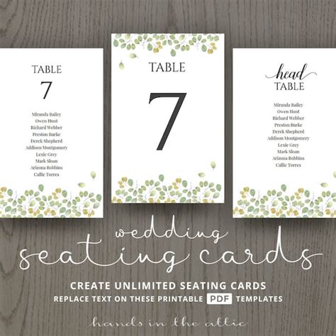 Leaves Wedding Table Name Cards Guest List Printable Number Etsy