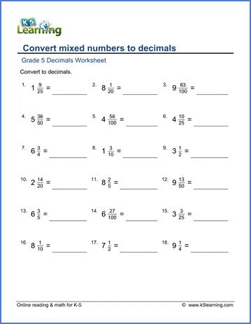 Fractions with equivalent fractions in such a way as to produce an equivalent sum or difference. Grade 5 Fractions Worksheet: Convert mixed numbers to ...