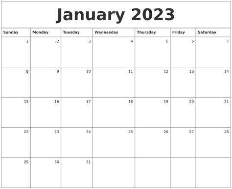 January 2023 Monthly Calendar