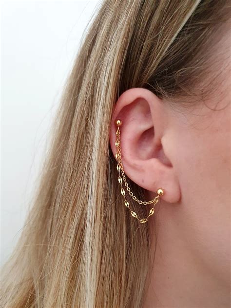 Surgical Steel Helix Chain Earring To Lobe Gold Silver Etsy