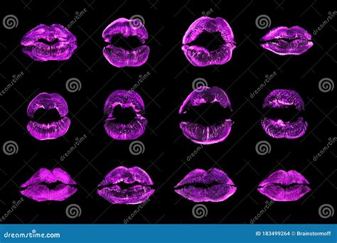 Purple Lipstick Kiss Print Set Black Background Isolated Close Up Neon Violet Lips Makeup