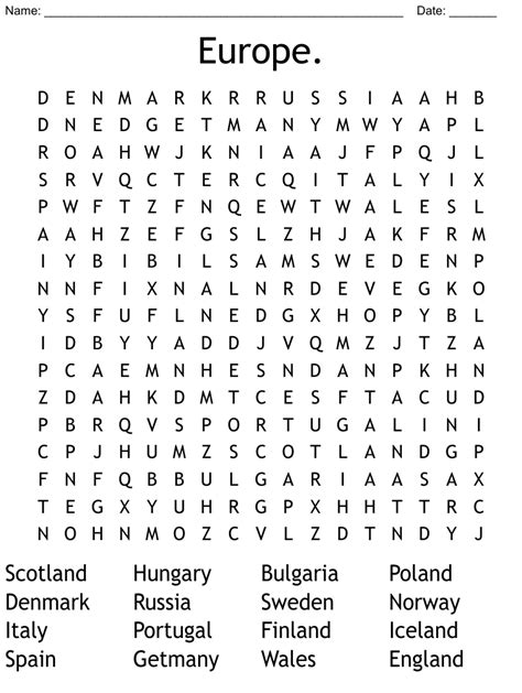 Europe Word Search Wordmint