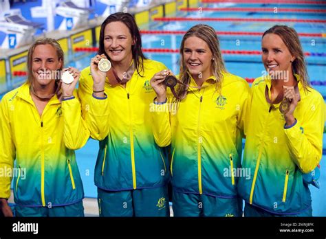 australia s gold medal women s 4x100 freestyle relay team from left bronte campbell cate