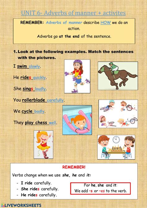 Adverbs of manner are used to describe how things happen. Adverbs of manner + Activities - Interactive worksheet