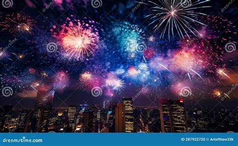 Vibrant Midnight Fireworks: a Spectacular Urban Display Stock