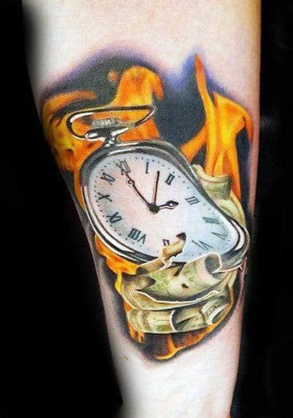 A Tattoo With A Clock On It And Flames Around The Clock That Is Burning