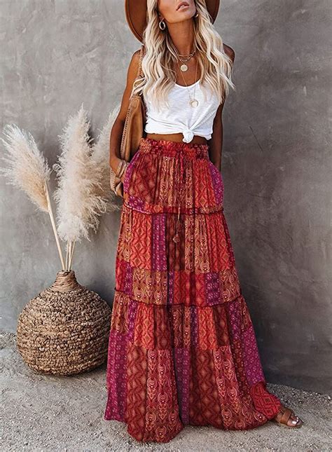 Happy Sailed Womens Floral Print Boho Maxi Skirt Elastic High Waist