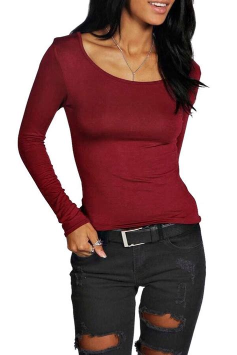 Womens Long Sleeve Stretch Plain Round Scoop Neck T Shirt Top Ladies
