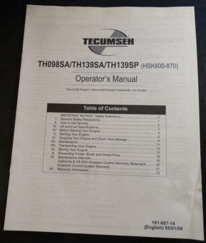 2004 Tecumseh Hsk600 870 Two Cycle Engines Operators Manual 181 807 14