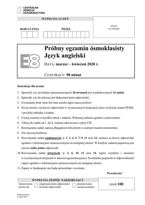 Egzamin ósmoklasisty jest egzaminem obowiązkowym ale nie jest określony minimalny wynik, więc po prostu trzeba do niego przystąpić. Próbny egzamin ósmoklasisty 2020 ANGIELSKI online - Jakie ...