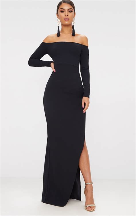 Black Wrap Over Long Sleeve Bardot Maxi Dress Prettylittlething Ca