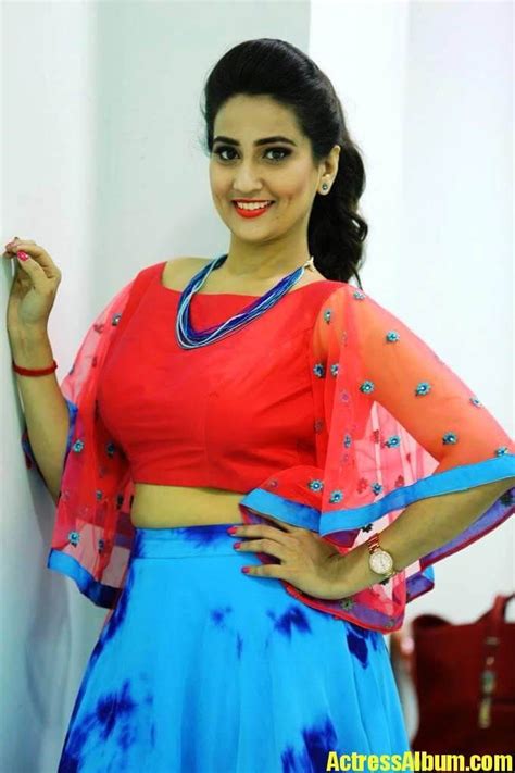 telugu tv anchor manjusha photoshoot in blue lehenga red choli sexy blouse designs beautiful