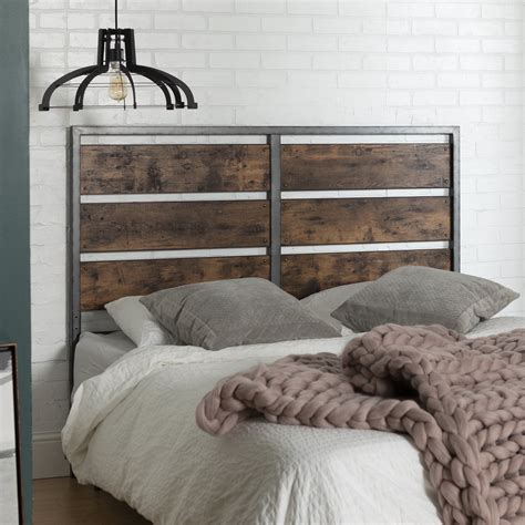 Furniture Rustic Dark Metal And Finished Wood Plank Farm Design Queen Bed