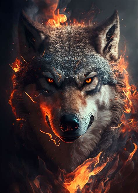 Wolf On Fire Artwork Poster Picture Metal Print Paint By Mk