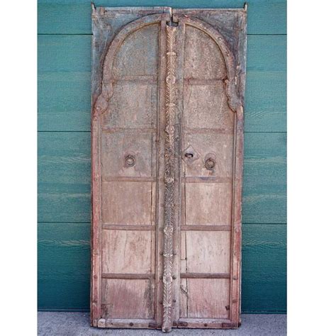 Indian Mughal Iron Mounted Painted Teak Double Door