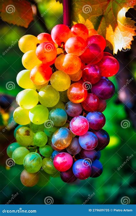 Bright Grapes Of Rainbow Colors On The Vine Generative Ai Stock