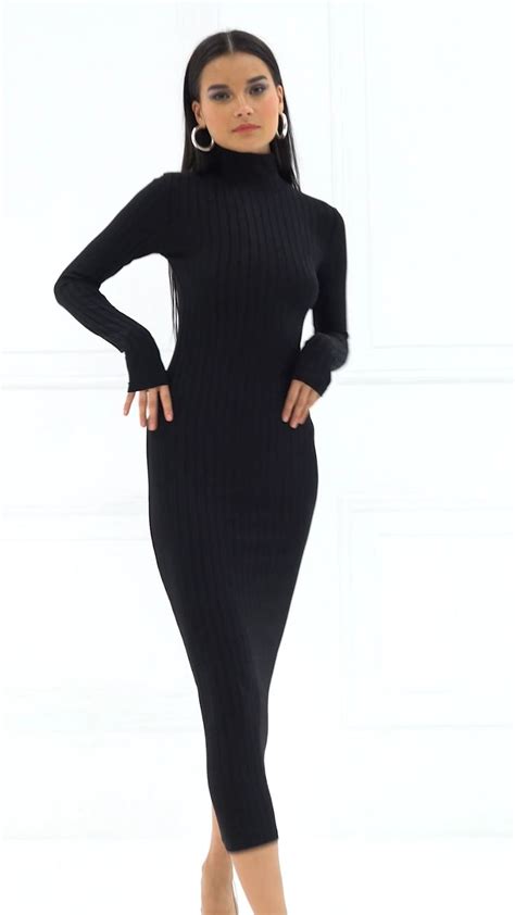 Long Sleeve Turtleneck Black Maxi Dress Video Video Black Maxi
